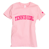 Light crewneck tennis  t-shirt with hot pink Tennis Girl written across front by Love Set Match girls tennis wear for girls ages 4-11