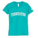 Love Set Match short sleeve crew neck t-shirt in teal with tennis star written across front