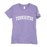 Purple crew neck short sleeve tee shirt with white tennis star written across front from Love Set Match tennis wear