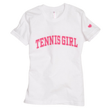 White crew neck short sleeve t-shirt with tennis girl written in hot pink across front of shirt from Love Set Match tennis wear