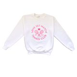 Girls white sweatshirt with Love Set Match tennis club logo on front in hot pink from Love Set Match tennis wear