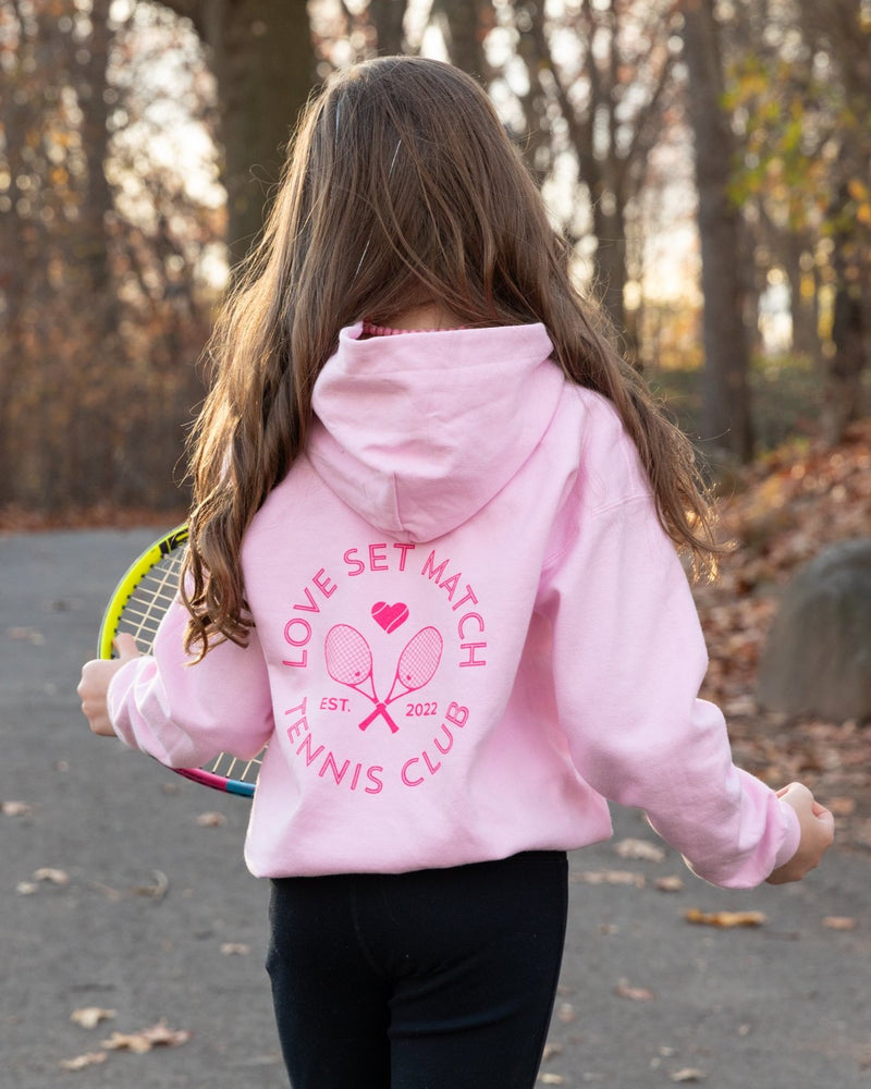 The back of a girls tennis hoodie from Love Set Match